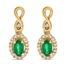 Load image into Gallery viewer, 10K Yellow Gold Oval Cut Green Emerald 5x3 mm and 1/7 Cttw Round Diamond Dangle Earrings