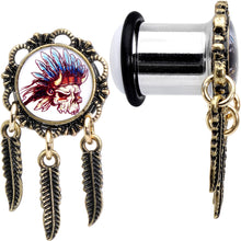 Load image into Gallery viewer, 00G Steel Indian Skull Single Flare Feather Dangle Plug Set