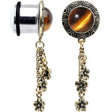 Load image into Gallery viewer, 9/16 Tiger Eye Stainless Steel Flower Dangle Single Flare Plug Set