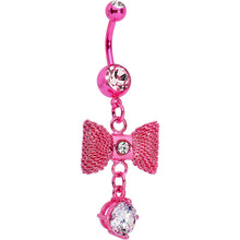 Load image into Gallery viewer, Clear Gem Pink IP Steel Bow Dangle Belly Ring