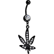 Load image into Gallery viewer, Clear Gem Black Anodized Marijuana Leaf Dangle Belly Ring