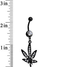 Load image into Gallery viewer, Clear Gem Black Anodized Marijuana Leaf Dangle Belly Ring