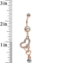 Load image into Gallery viewer, Clear Aurora Gem Rose Gold Anodized Triple the Love Dangle Belly Ring