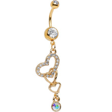 Load image into Gallery viewer, Clear Aurora Gem Gold Anodized Triple the Love Dangle Belly Ring
