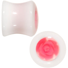 Load image into Gallery viewer, White Acrylic Pink Rose Flower Insert Saddle Plug Set Available in Sizes 00G to 26mm