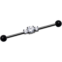 Load image into Gallery viewer, Clear CZ Black IP Stainless Steel Trio Industrial Barbell 36mm