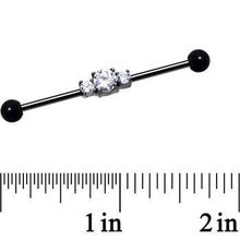 Load image into Gallery viewer, Clear CZ Black IP Stainless Steel Trio Industrial Barbell 36mm