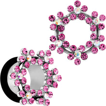 Load image into Gallery viewer, 9/16 Pink and Aurora Gem Snowflake Steel Tunnel Plug Set