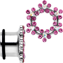 Load image into Gallery viewer, 9/16 Pink and Aurora Gem Snowflake Steel Tunnel Plug Set