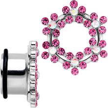 Load image into Gallery viewer, 5/8 Pink and Aurora Gem Snowflake Steel Tunnel Plug Set