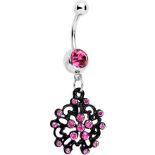 Load image into Gallery viewer, Pink Czech Stone Black Intricate Snowflake Dangle Belly Ring