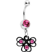 Load image into Gallery viewer, Pink Czech Stone Black Swirl Trio of Love Dangle Belly Ring