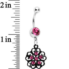 Load image into Gallery viewer, Pink Czech Stone Black Quinate Romance Dangle Belly Ring