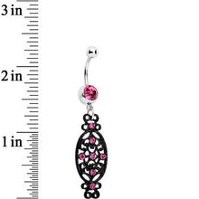 Load image into Gallery viewer, Pink Czech Stone Black Victorian Design Dangle Belly Ring