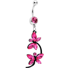 Load image into Gallery viewer, Pink Czech Stone Black Double Dragonfly Dangle Belly Ring