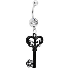 Load image into Gallery viewer, Clear Czech Stone Black Victorian Antique Key Dangle Belly Ring