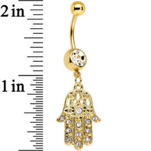 Load image into Gallery viewer, Clear Gem Gold Anodized Hamsa Hand Dangle Belly Ring