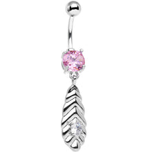 Load image into Gallery viewer, Pink and Clear CZ Gem Feather Dangle Belly Ring