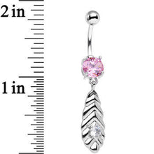 Load image into Gallery viewer, Pink and Clear CZ Gem Feather Dangle Belly Ring