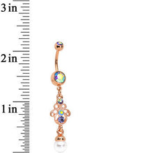 Load image into Gallery viewer, Aurora Gem Faux Pearl Rose Gold Anodized Hamsa Dangle Belly Ring