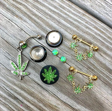 Load image into Gallery viewer, 14G 3/4 Green Gold Tone Weed Pot Leaf Dangle Nipple Ring Set