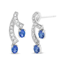 Load image into Gallery viewer, 14K White Gold 4x3MM Oval Shaped Natural Blue Tanzanite Gemstone and 1/5 Cttw Diamond Double 3/4" Inch Drop Stud Earrings (H-I Color, VS1-VS2 Clarity)