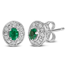 Load image into Gallery viewer, 14K White Gold Oval Green Emerald and 1/10 Cttw Diamond Halo Stud Earrings (I-J Color, I1-I2 Clarity)