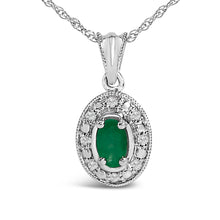 Load image into Gallery viewer, 14K White Gold Oval Green Emerald and Diamond Halo Pendant Necklace - 18" Inches