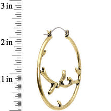 Load image into Gallery viewer, Bronze-colored Bird on Branch Tunnel Hoop Earrings