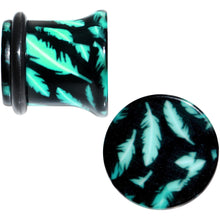 Load image into Gallery viewer, Black Acrylic Teal Feather Single Flare Plug Set Available in Sizes 3mm to 16mm