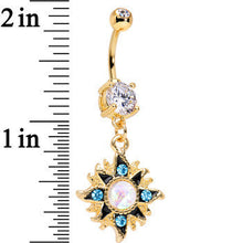 Load image into Gallery viewer, Clear Accent Gold Anodized Aurora Blue Gem Starburst Dangle Belly Ring