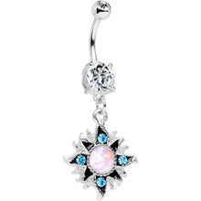 Load image into Gallery viewer, Clear Accent Aurora Blue Gem Starburst Dangle Belly Ring