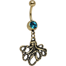 Load image into Gallery viewer, Coral Blue Anodized Antiqued Octopus Dangle Belly Ring