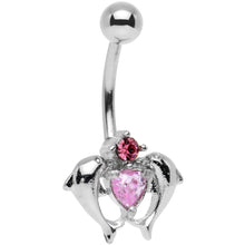 Load image into Gallery viewer, Pink Gem Double Dolphin Heart Bottom Mount Belly Ring