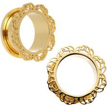 Load image into Gallery viewer, 7/8 Gold PVD Filigree Flower Screw Fit Tunnel Plug Set