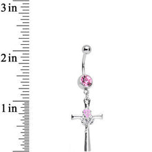 Load image into Gallery viewer, Rosy Pink Gem Cross and Rose Flower Loving Spirit Dangle Belly Ring