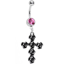 Load image into Gallery viewer, Pretty Pink Gem Black Rose Flower Detailed Gothic Cross Dangle Belly Ring