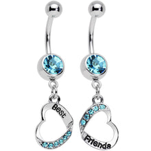 Load image into Gallery viewer, Baby Blue Gem Best and Friends Matching Heart Dangle Belly Ring Set