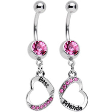 Load image into Gallery viewer, Rosy Pink Gem Best and Friends Matching Heart Dangle Belly Ring Set