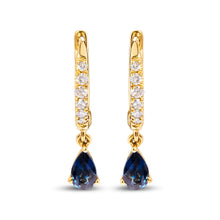 Load image into Gallery viewer, 10K Yellow Gold Pear Blue Sapphire and 1/10 Cttw Diamond Drop and Dangle Huggy Hoop Earrings (H-I Color, I1-I2 Clarity)
