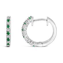 Load image into Gallery viewer, 10K White Gold Alternating Emerald 1/10 Cttw Diamond Huggy Hoop Earrings (I-J Color, I1-I2 Clarity)