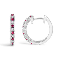 Load image into Gallery viewer, 10K White Gold Alternating Diamond and Red Ruby Huggy Hoop Earrings (I-J Color, I1-I2 Clarity)