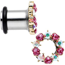 Load image into Gallery viewer, 0G Aurora and Pink Gem Heart Wreath Single Flare Tunnel Plug Set