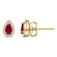 Load image into Gallery viewer, 10K Yellow Gold 5X3 MM Pear-Cut Ruby and 1/7 Cttw Diamond Halo Stud Earrings (I-J Color, I1-I2 Clarity)
