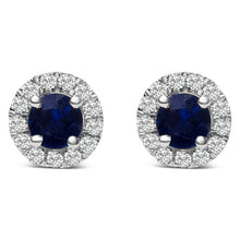 Load image into Gallery viewer, 10K White Gold 3.25mm x 3.25mm Round Blue Sapphire and 1/10 Cttw Diamond Halo Stud Earrings (I-J Color, I1-I2 Clarity)