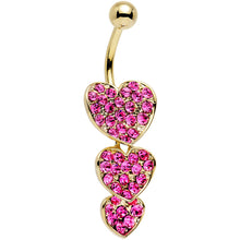 Load image into Gallery viewer, Pink Gem Gold Plated Steel Triple Heart Dangle Belly Ring