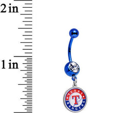 Load image into Gallery viewer, Licensed MLB Clear Gem Blue Anodized Texas Rangers Dangle Belly Ring