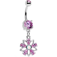 Load image into Gallery viewer, Pink CZ Gem Synthetic Opal Snowflower Dangle Belly Ring
