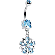 Load image into Gallery viewer, Aqua CZ Gem Synthetic Opal Snowflower Dangle Belly Ring