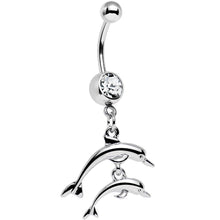 Load image into Gallery viewer, Clear Gem Diving Duo of Dolphins Dangle Belly Ring